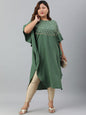Janasya Women's Green Poly Crepe Foil Print Casual Kaftan kurta