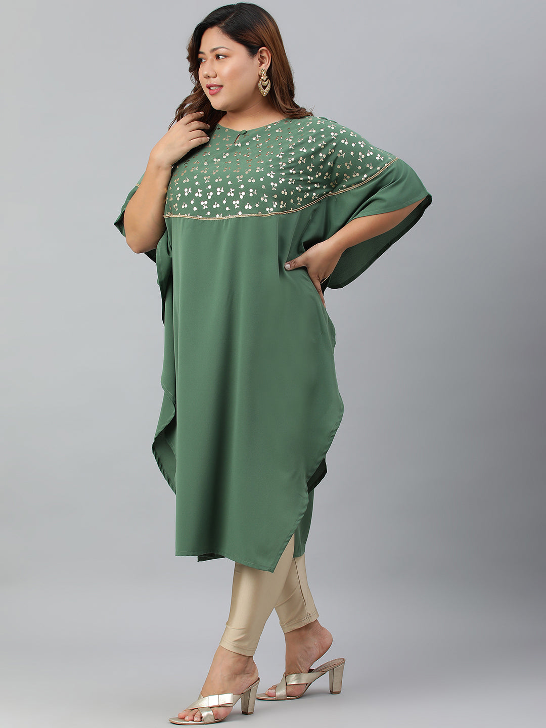 Janasya Women's Green Poly Crepe Foil Print Casual Kaftan kurta