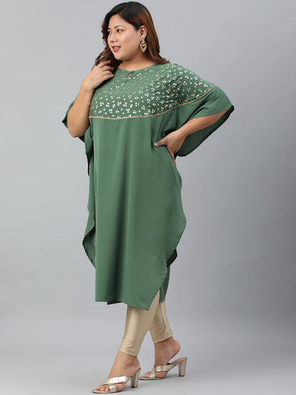 Janasya Women's Green Poly Crepe Foil Print Casual Kaftan kurta
