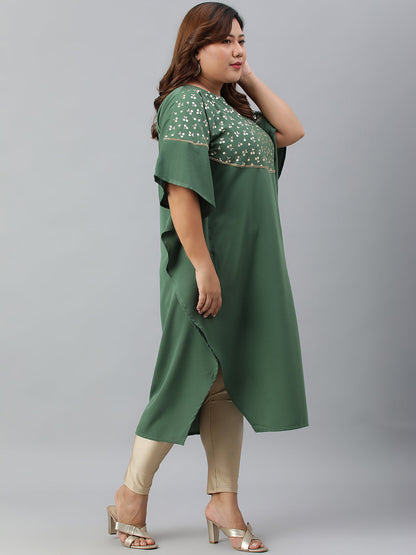 Janasya Women's Green Poly Crepe Foil Print Casual Kaftan kurta