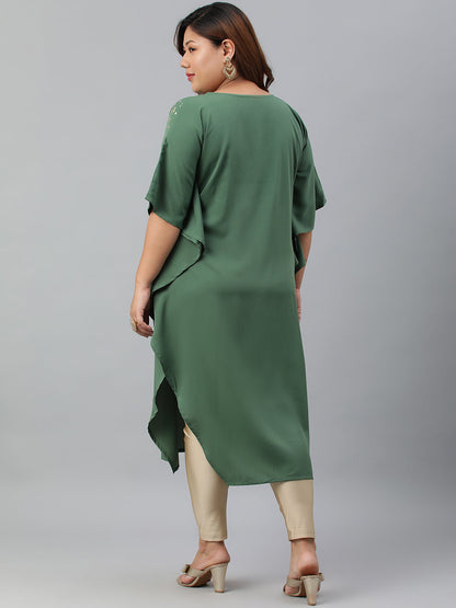 Janasya Women's Green Poly Crepe Foil Print Casual Kaftan kurta