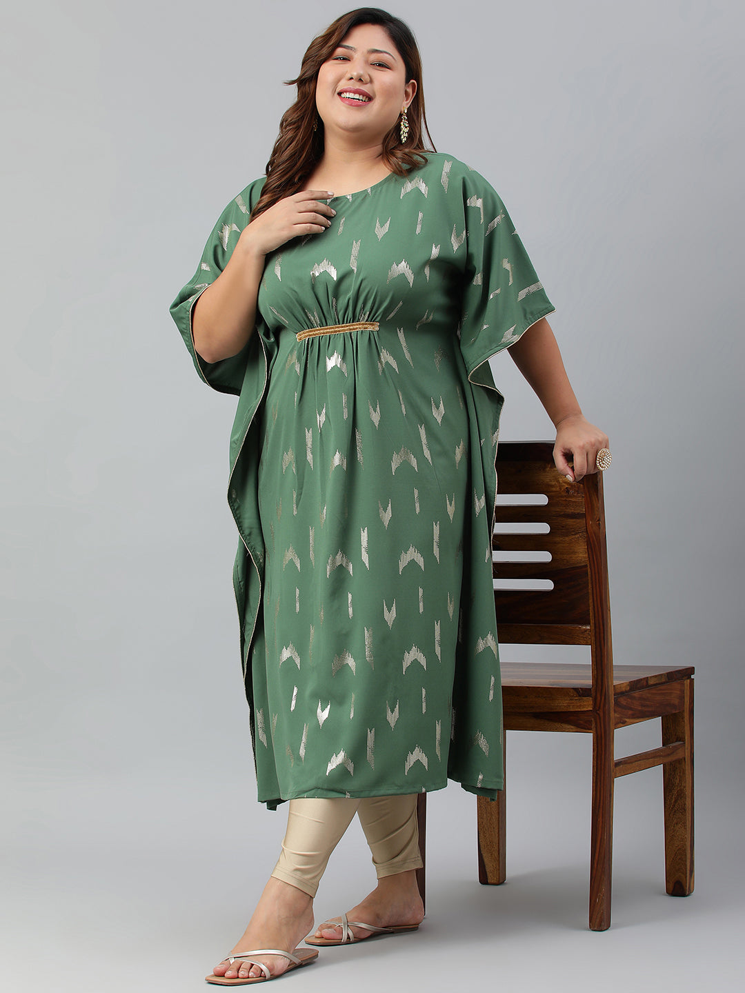 Janasya Women's Green Poly Crepe Foil Print Festive & Party Kaftan kurta