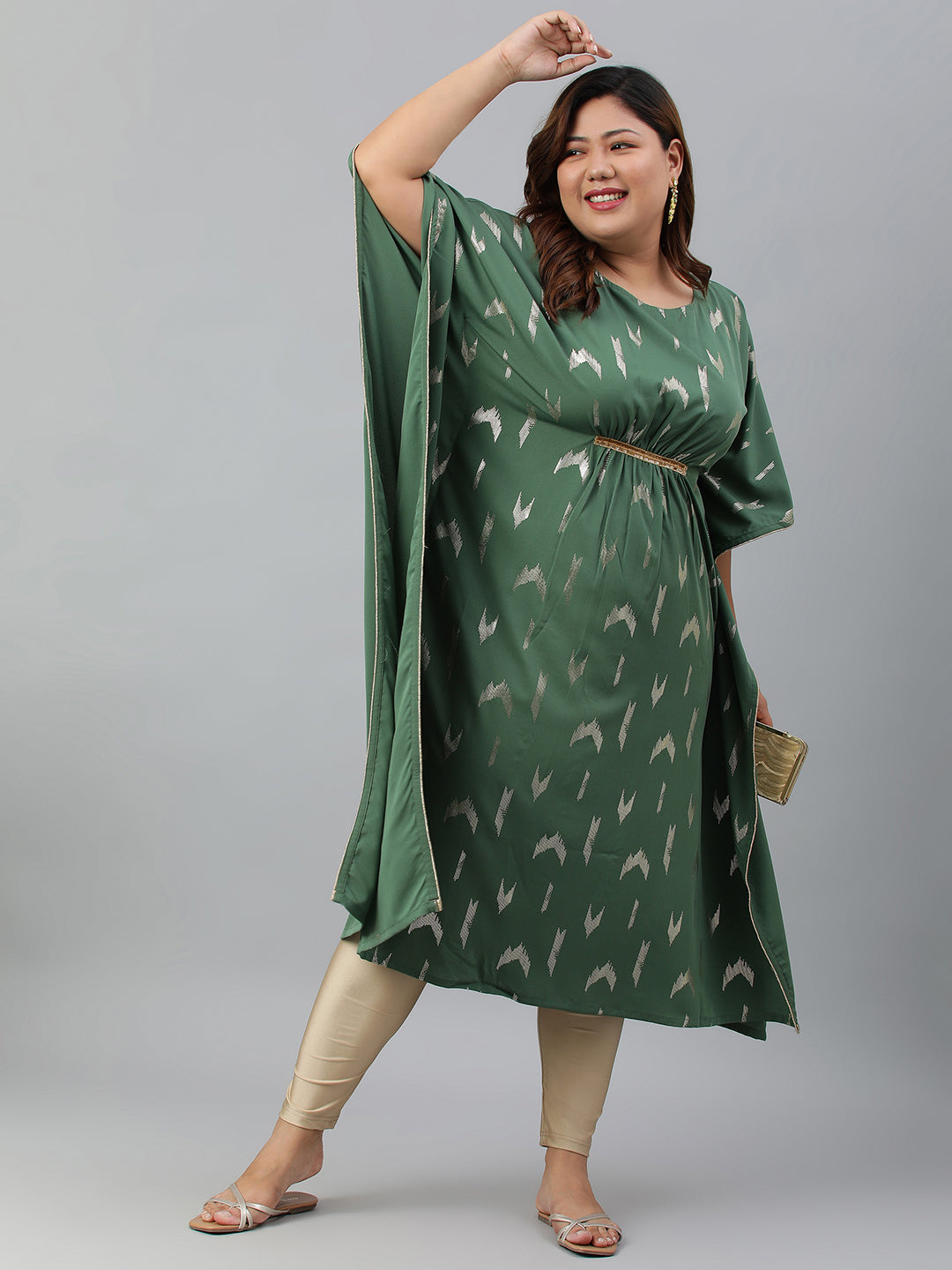 Janasya Women's Green Poly Crepe Foil Print Festive & Party Kaftan kurta