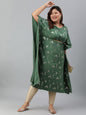 Janasya Women's Green Poly Crepe Foil Print Festive & Party Kaftan kurta