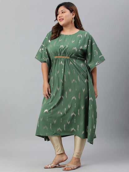Janasya Women's Green Poly Crepe Foil Print Festive & Party Kaftan kurta