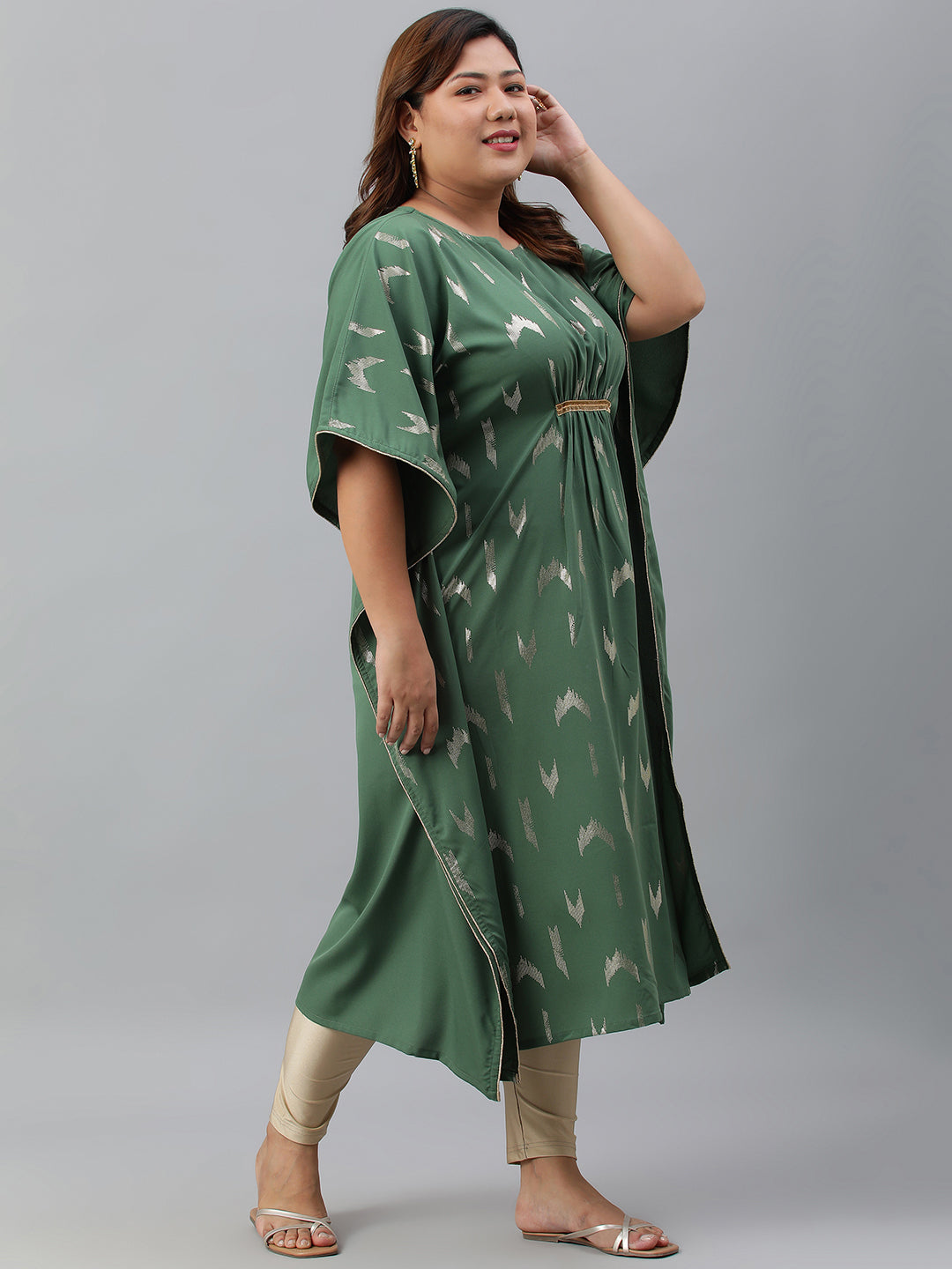 Janasya Women's Green Poly Crepe Foil Print Festive & Party Kaftan kurta