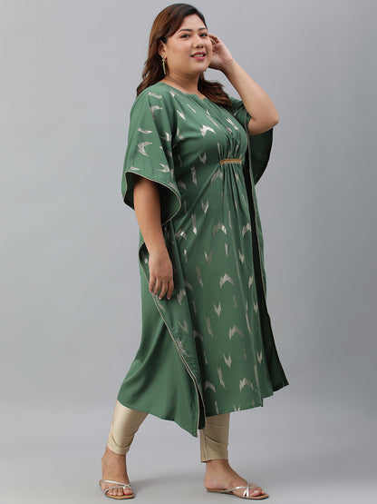 Janasya Women's Green Poly Crepe Foil Print Festive & Party Kaftan kurta