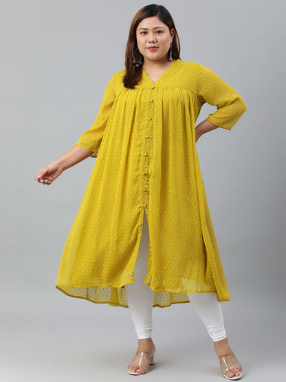 Janasya Women's Mustard Poly Chiffon Self Design Casual Flared kurta