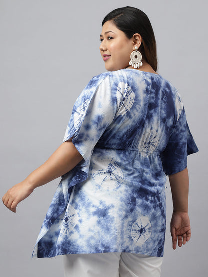 Janasya Women's Navy Blue Cotton Tie Dye Casual Kaftan Tunic