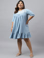 Janasya Women's Light Blue Denim Yoke Embroidered Casual Flared Western Dress