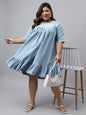 Janasya Women's Light Blue Denim Yoke Embroidered Casual Flared Western Dress