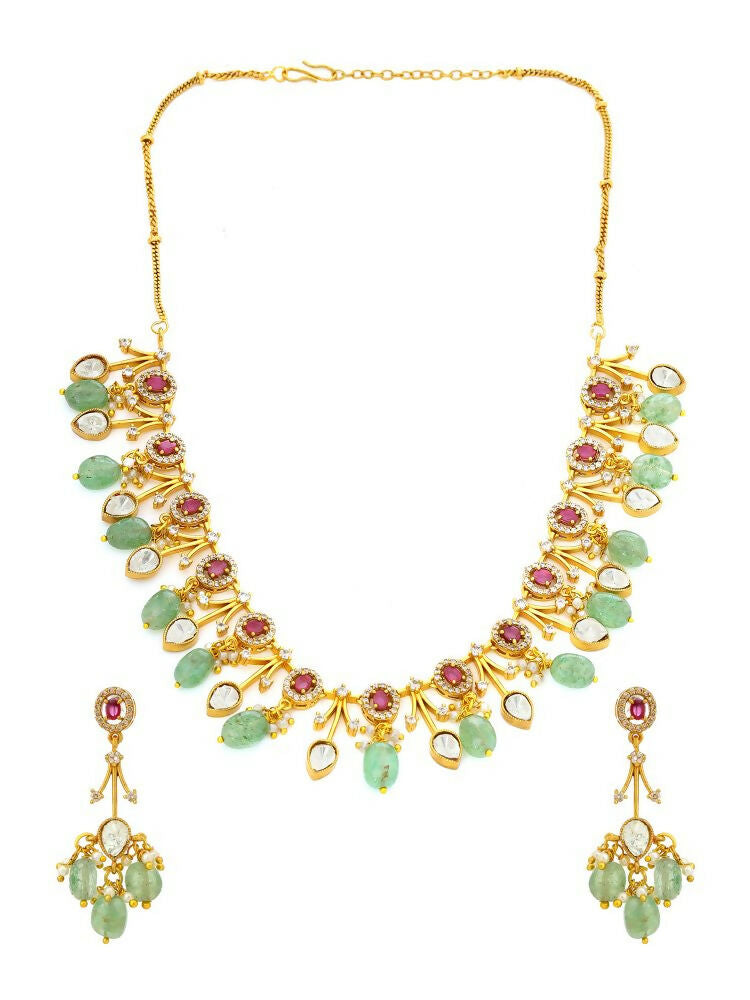 Natural Stones Antique Finish Earrings and Choker Necklace set - Ruby Raang