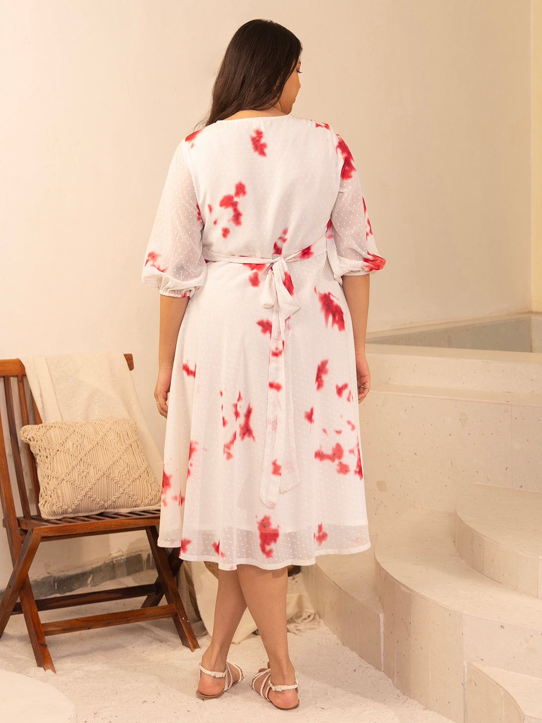 Janasya Off White Dobby Georgette Tie & Dye Fit & Flare Dress