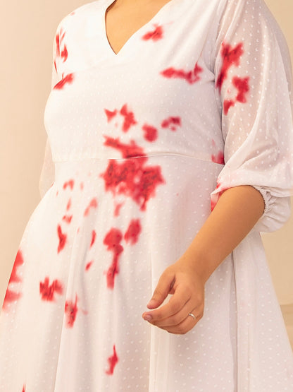 Janasya Off White Dobby Georgette Tie & Dye Fit & Flare Dress