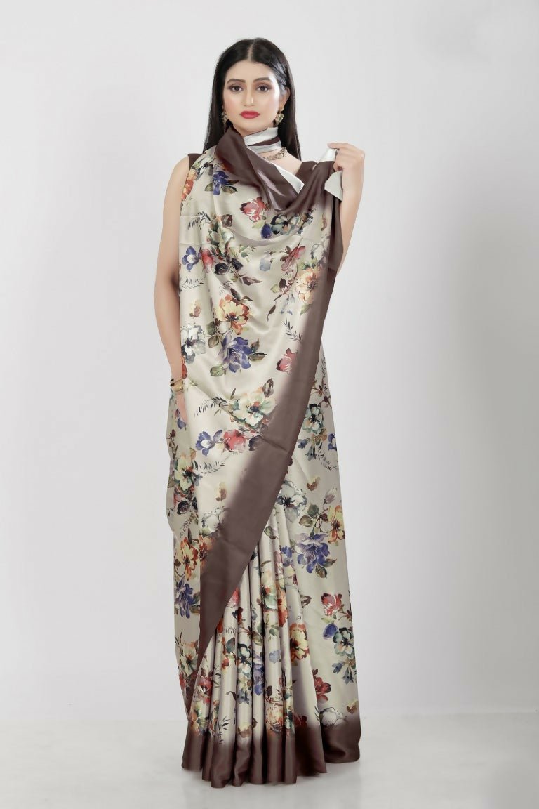 Aayaa Designer Printed Satin Saree - Multi Color