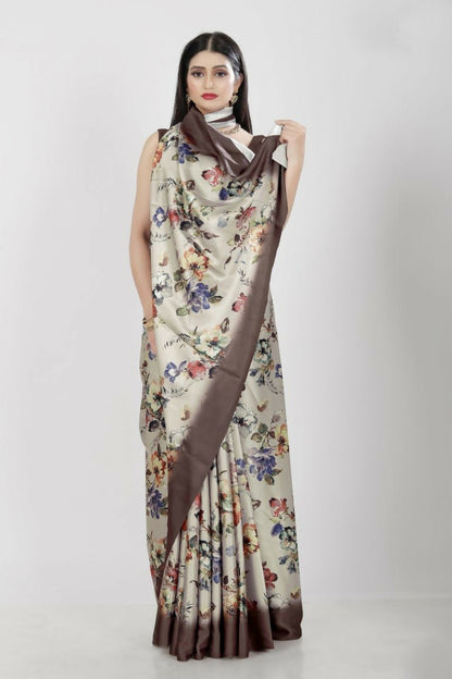 Aayaa Designer Printed Satin Saree - Multi Color