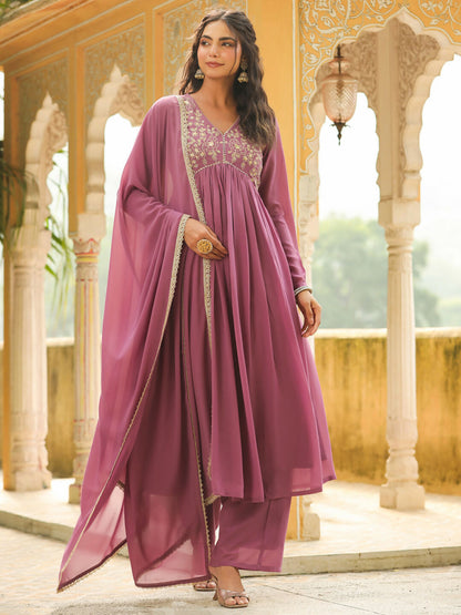 Janasya Lavender Georgette Yoke Embroidery Kurta,Bottom & Dupatta