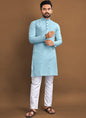 Prazu Fashion Sky Blue Soft Jacquard With Self Buti Kurta