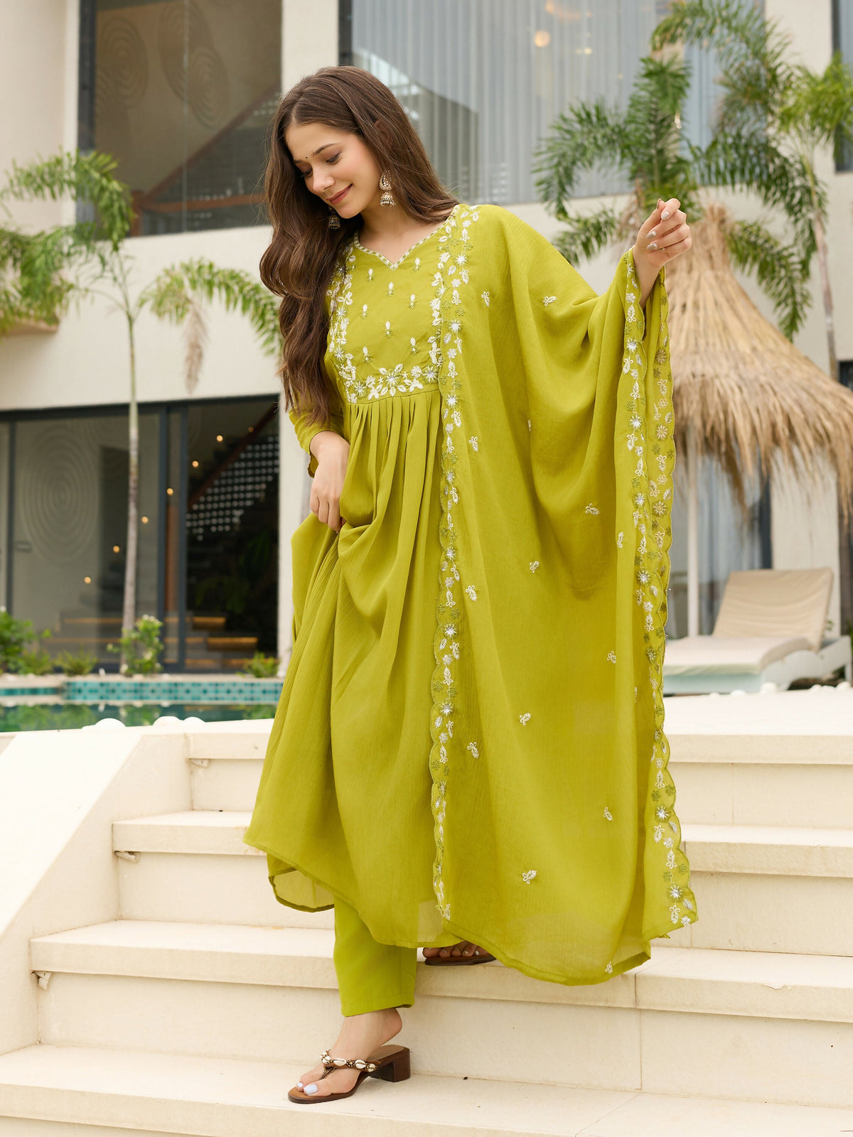 The52 Lemons Women's Gorgeous Chinon Embroidered Flared Kurta with Pant And Dupatta Set
