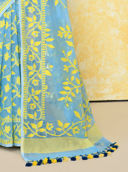 Piyari Fashion Women's Sky Blue Cotton Silk Jamdani Saree