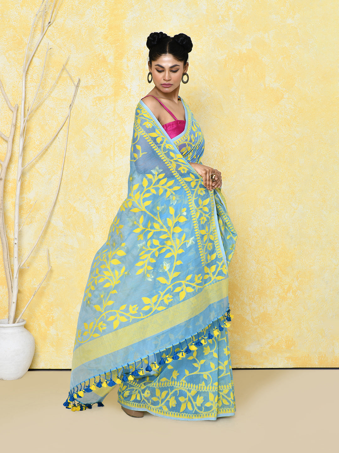 Piyari Fashion Women's Sky Blue Cotton Silk Jamdani Saree