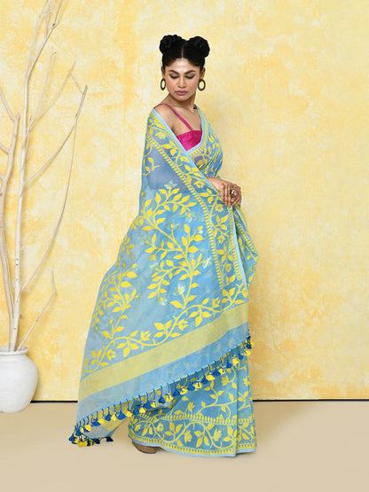 Piyari Fashion Women's Sky Blue Cotton Silk Jamdani Saree