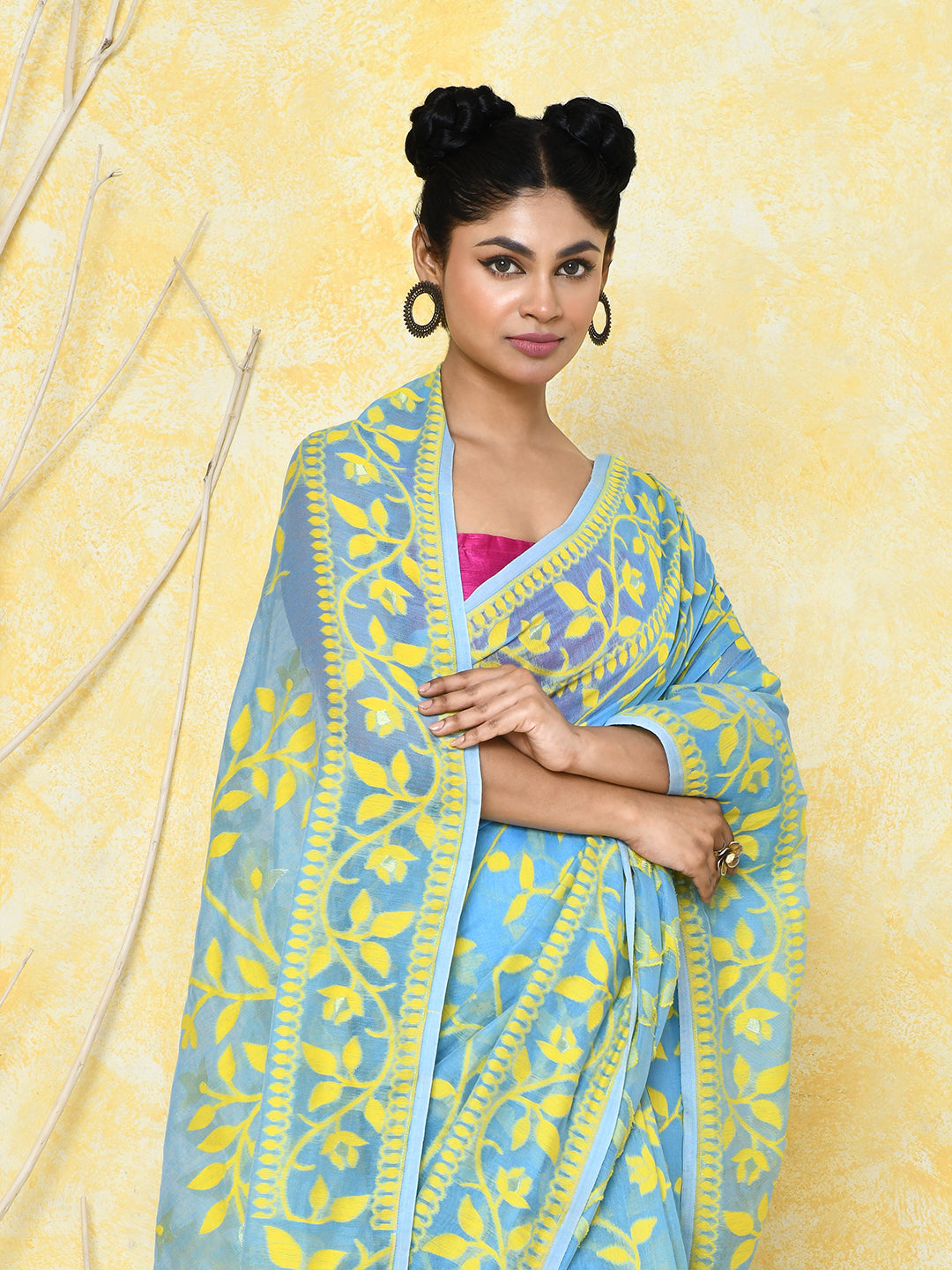 Piyari Fashion Women's Sky Blue Cotton Silk Jamdani Saree