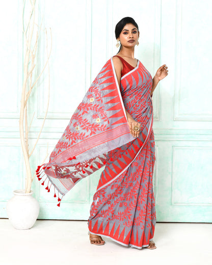Piyari Fashion Women's Gray Red Cotton Silk Jamdani Saree