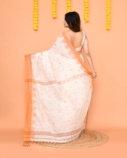 Piyari Fashion Women's White Cotton Blend Handloom Saree With Brown Temple Border