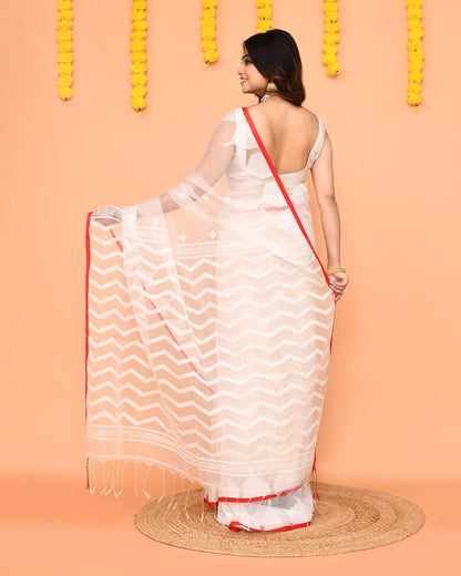 Piyari Fashion Women's White Resham Silk Jamdani Saree