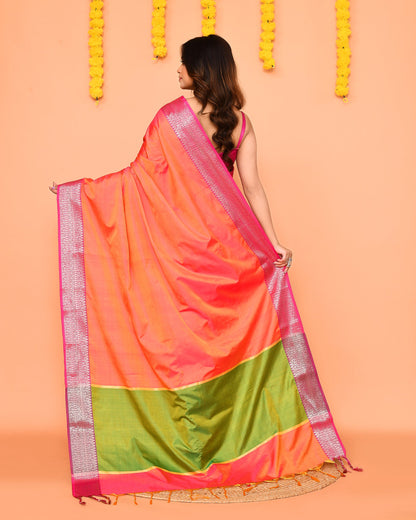 Piyari Fashion Women's Handloom Pink Orange Dual Tone Bangalore Silk Saree With Zari Border