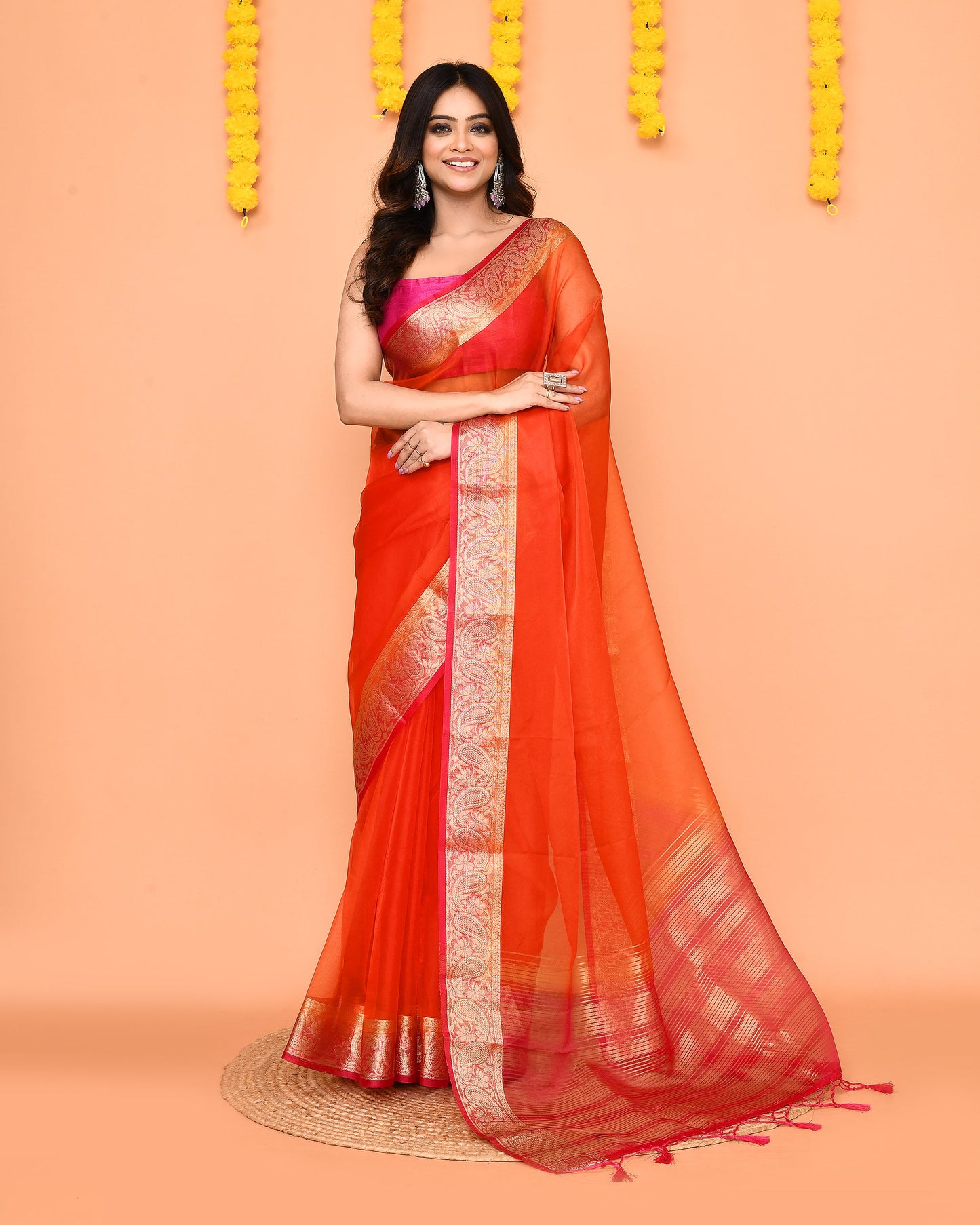Piyari Fashion Women's Orange Organza Silk Saree With Zari Border