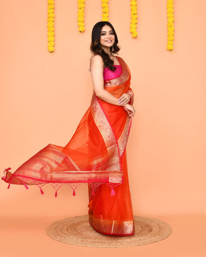 Piyari Fashion Women's Orange Organza Silk Saree With Zari Border