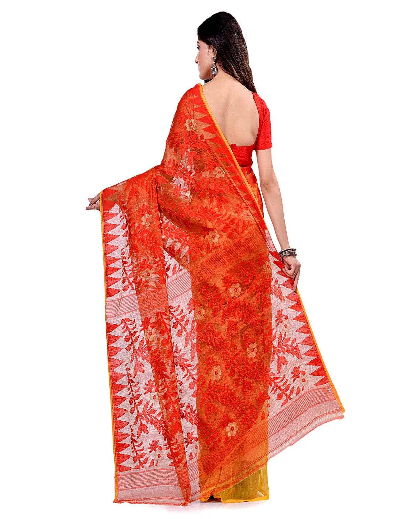Piyari Fashion Cotton Blend Handloom Yellow Orange Jamdani Saree