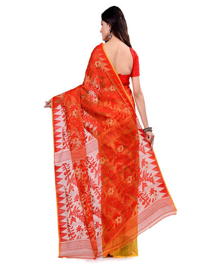 Piyari Fashion Cotton Blend Handloom Yellow Orange Jamdani Saree