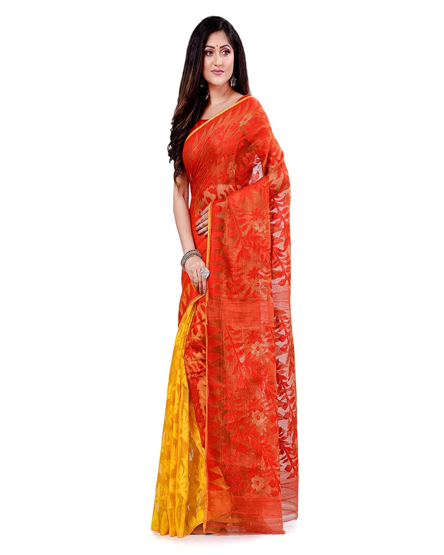 Piyari Fashion Cotton Blend Handloom Yellow Orange Jamdani Saree