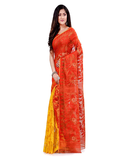 Piyari Fashion Cotton Blend Handloom Yellow Orange Jamdani Saree