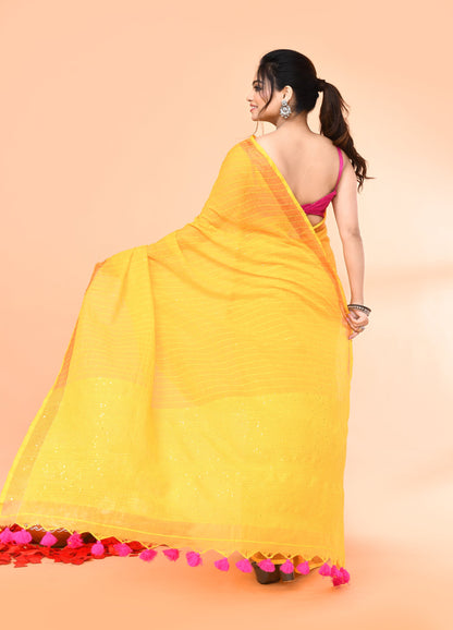 Piyari Fashion Women`s Cotton Handloom Yellow Sequin Saree With Blouse