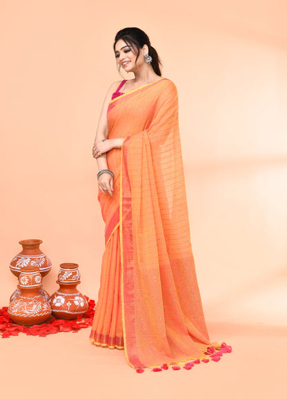 Piyari Fashion Women`s Cotton Handloom Pale Orange Sequin Saree With Blouse