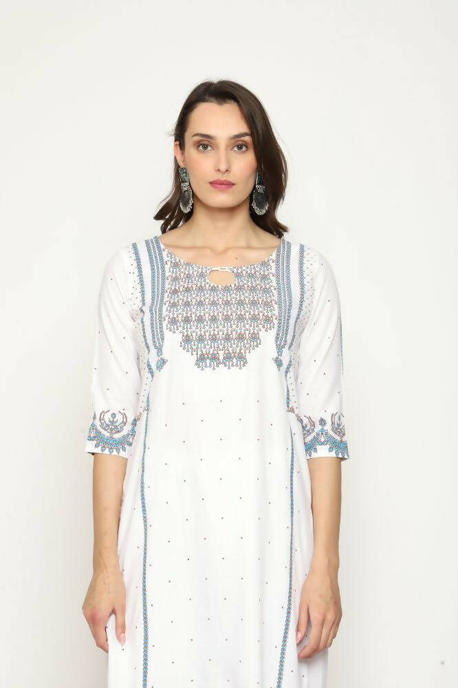 Maai Rayon Hand Printed Kurta Off-White
