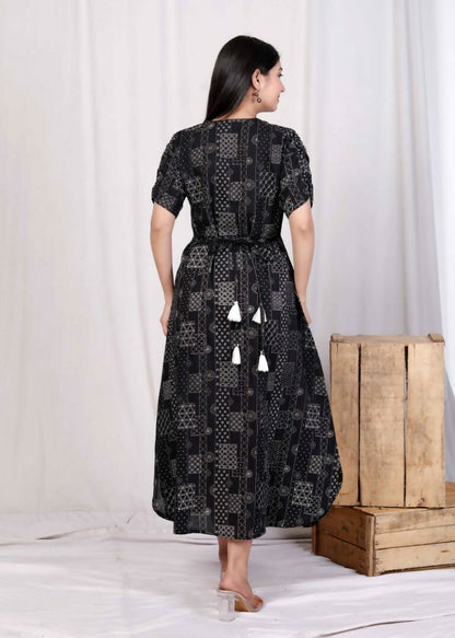 Miravan Women's Pure Cotton Black Floral Printed Front Button A-Line Midi Dress