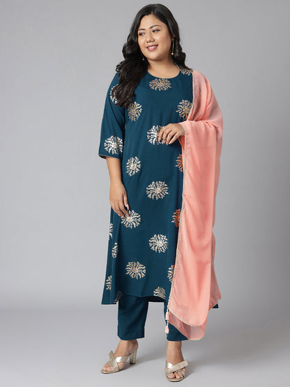 Janasya Women's Teal Poly Crepe A-Line Party Kurta Set