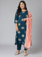 Janasya Women's Teal Poly Crepe A-Line Party Kurta Set