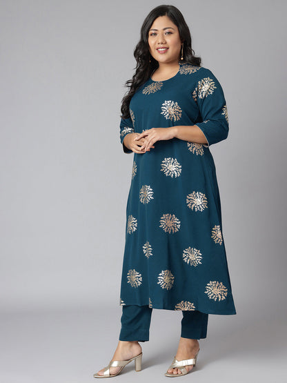 Janasya Women's Teal Poly Crepe A-Line Party Kurta Set