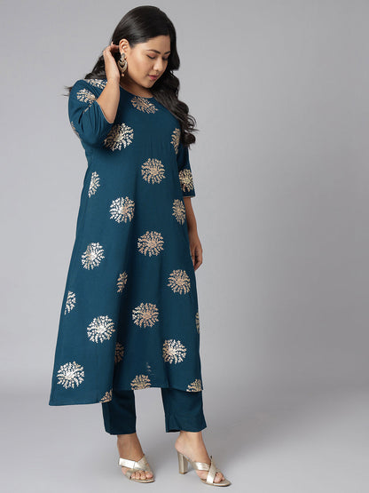 Janasya Women's Teal Poly Crepe A-Line Party Kurta Set