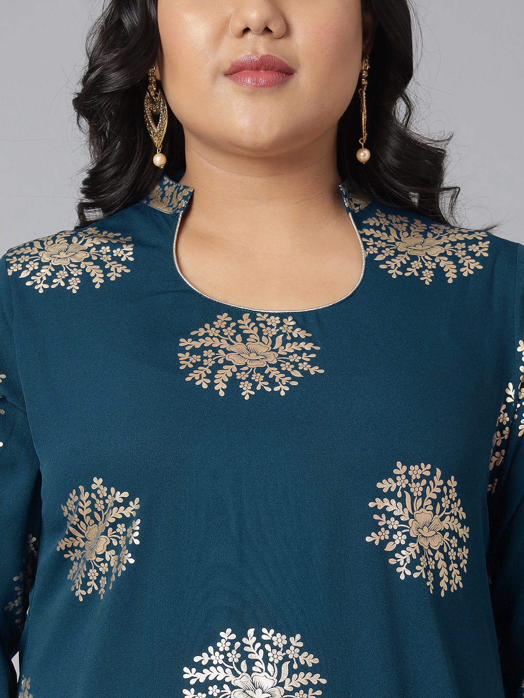 Janasya Women's Teal Poly Crepe A-Line Party Kurta Set