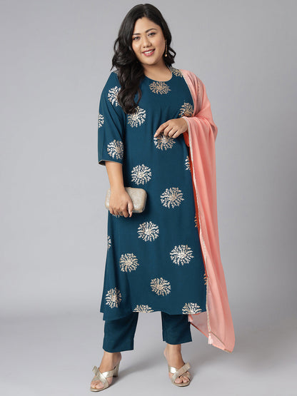 Janasya Women's Teal Poly Crepe A-Line Party Kurta Set