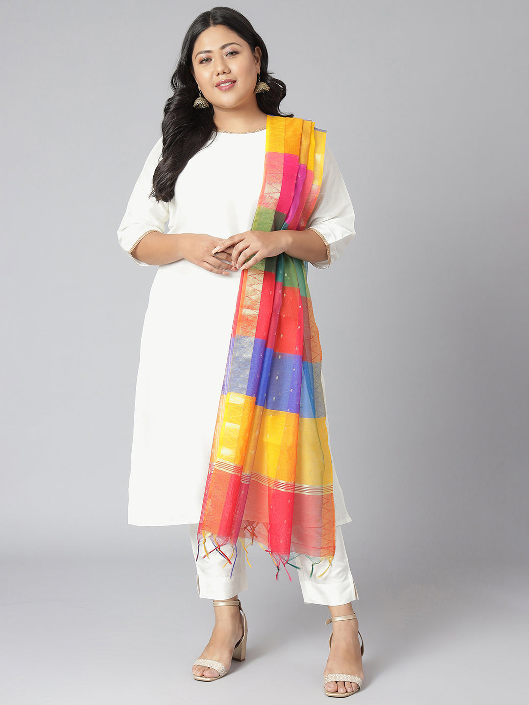 Janasya Women's Off-White Poly Silk Straight Festive Kurta Set