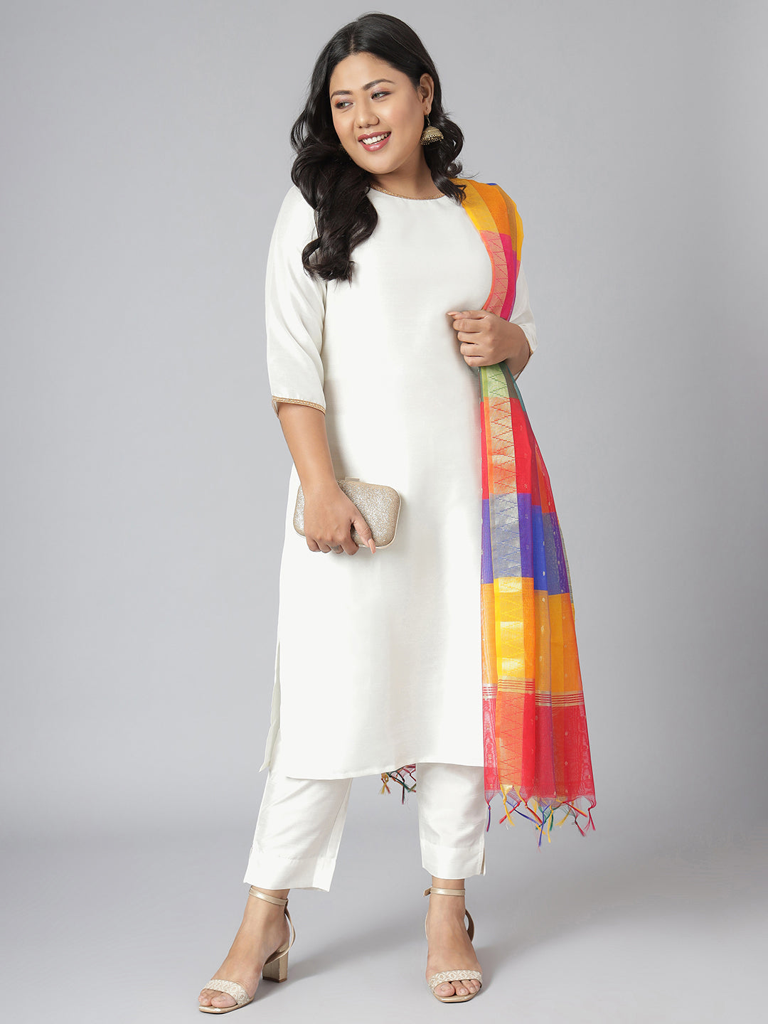 Janasya Women's Off-White Poly Silk Straight Festive Kurta Set