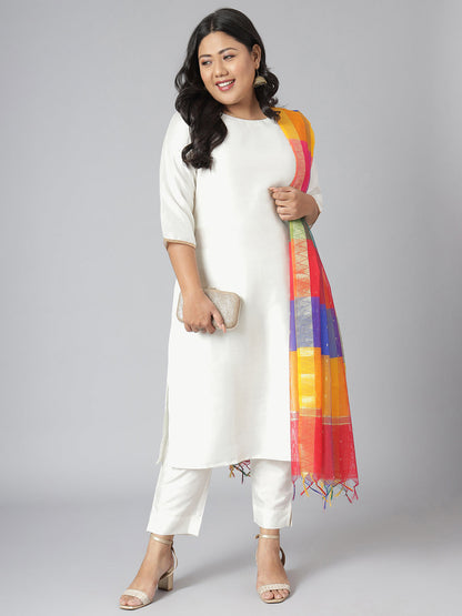 Janasya Women's Off-White Poly Silk Straight Festive Kurta Set